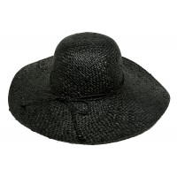 Straw Wide Brim Hats - Raffia Straw Woven w/ Beads String Rounded - Black - HT-ST273BK